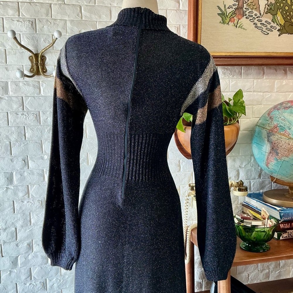 Vintage 1970s Wenjilli Long Sweater Dress Metallic Lurex Glitter Knit Gown - Picture 9 of 12